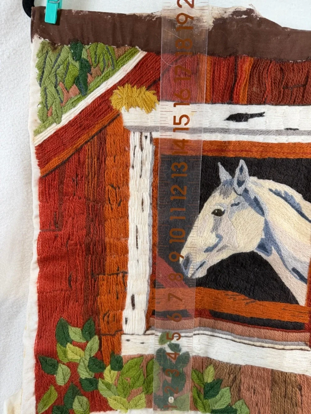 Vtg Columbia Minerva Crewel Embroidery #7428 Completed Horse Barn Wall Art 15x18